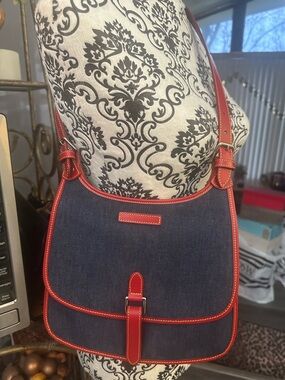 Dooney & Bourke Navy Denim Shoulder Bag with Red Trim